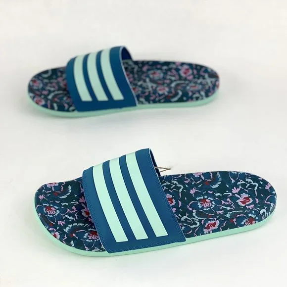 Adidas Adilette Comfort Blue Floral Women's Slides Teal Uncommon Colorway - Picture 3 of 10